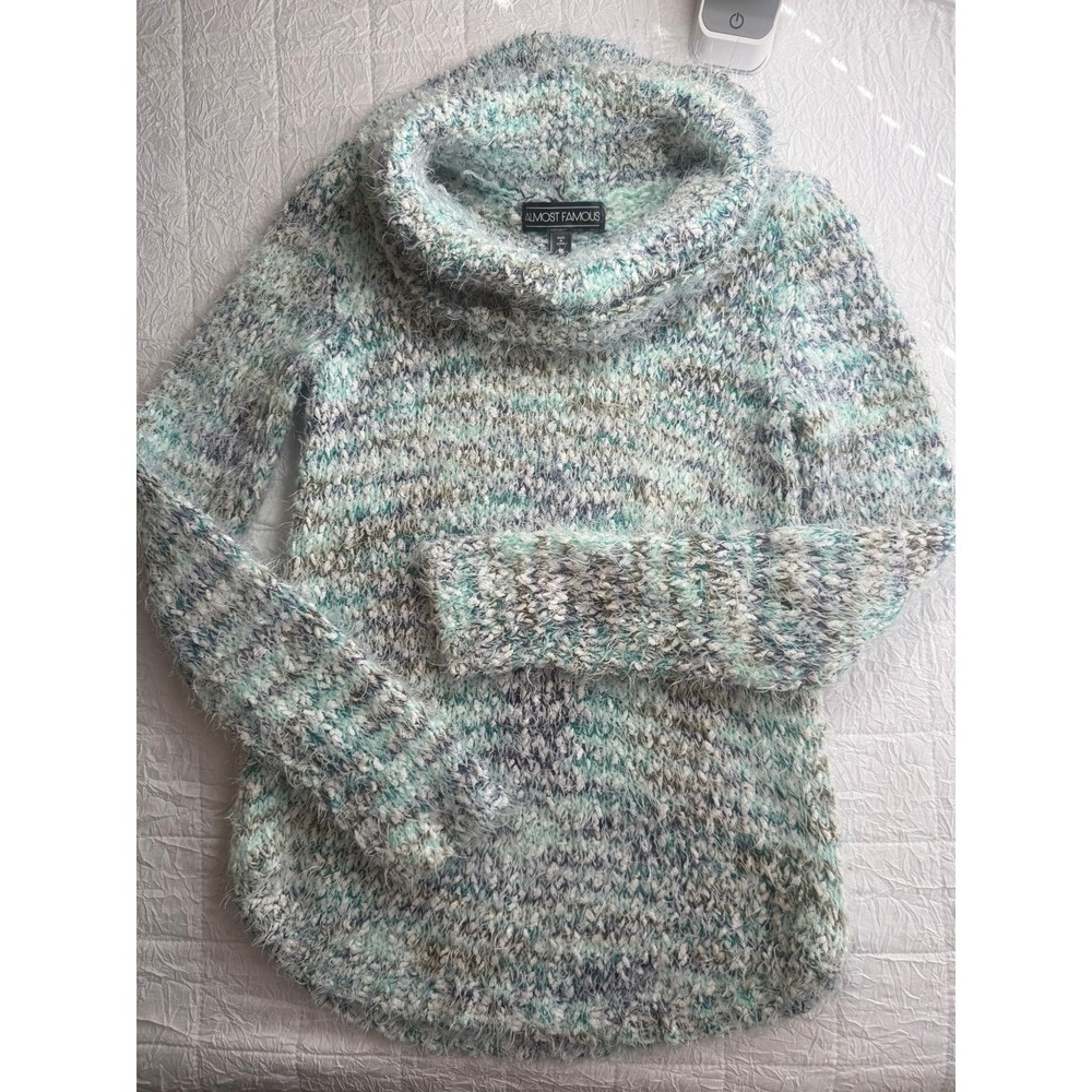 Almost Famous Womens Teal Blue Space Dye Eyelash Knit Cowl Neck Sweater Medium